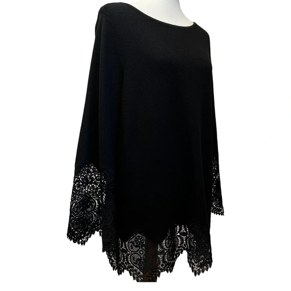 Chico's Black Size Large Lace Sleeve Pullover Sweater - Picture 3 of 8